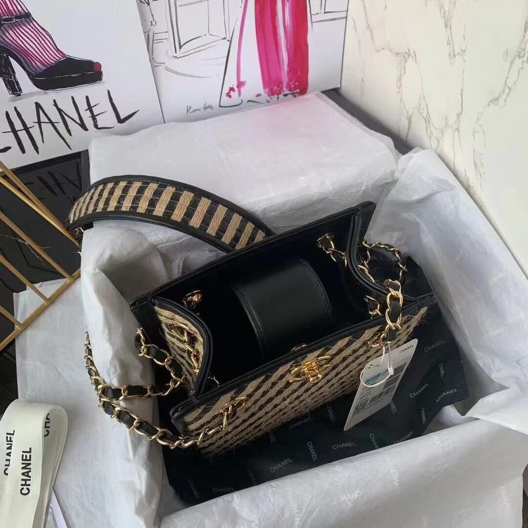 Chanel Drawstring Bag Raffia Jute Thread & Gold-Tone Metal Black & Beige AS2421