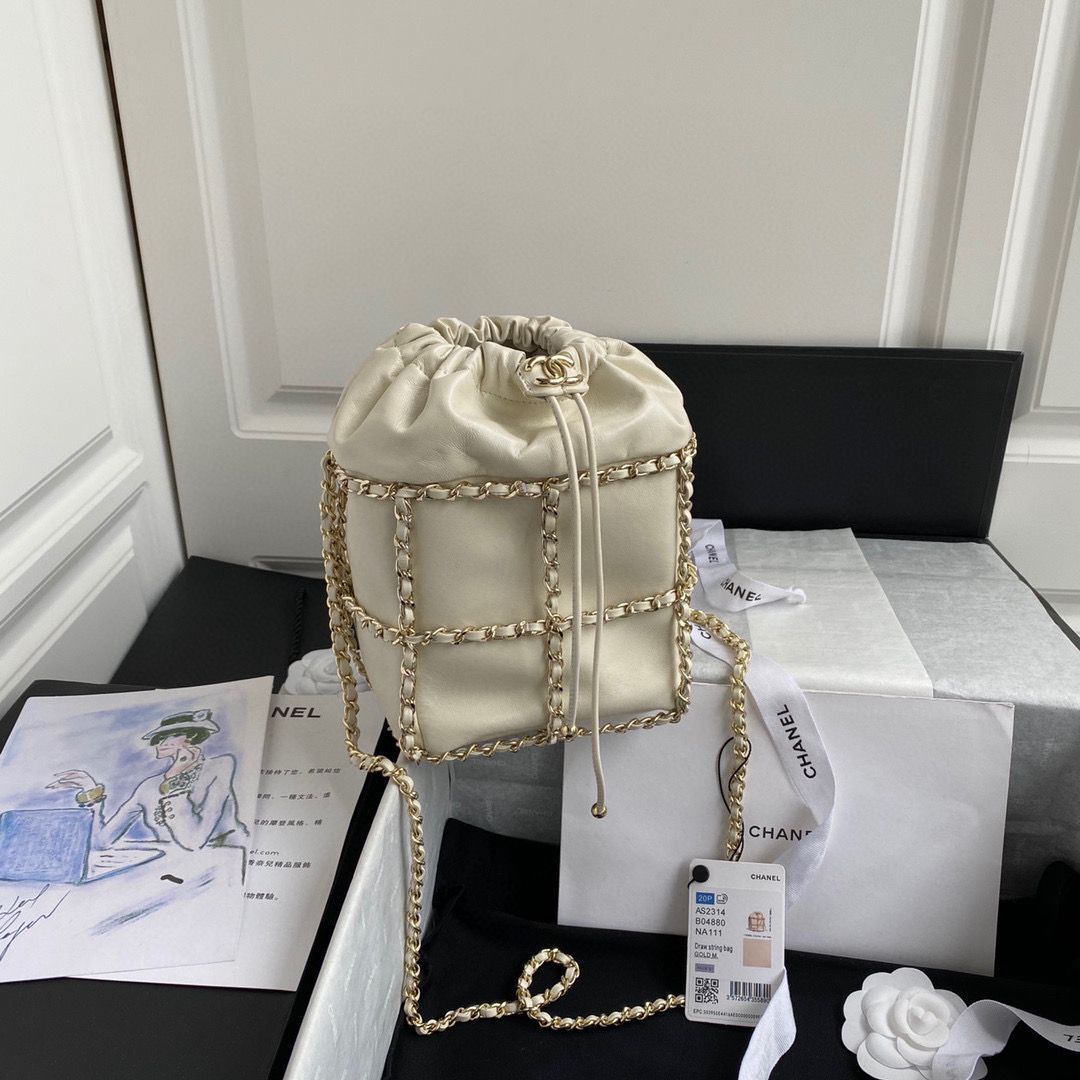 Chanel Drawstring Bag Lambskin & Gold Metal AS2314 AS2313 White