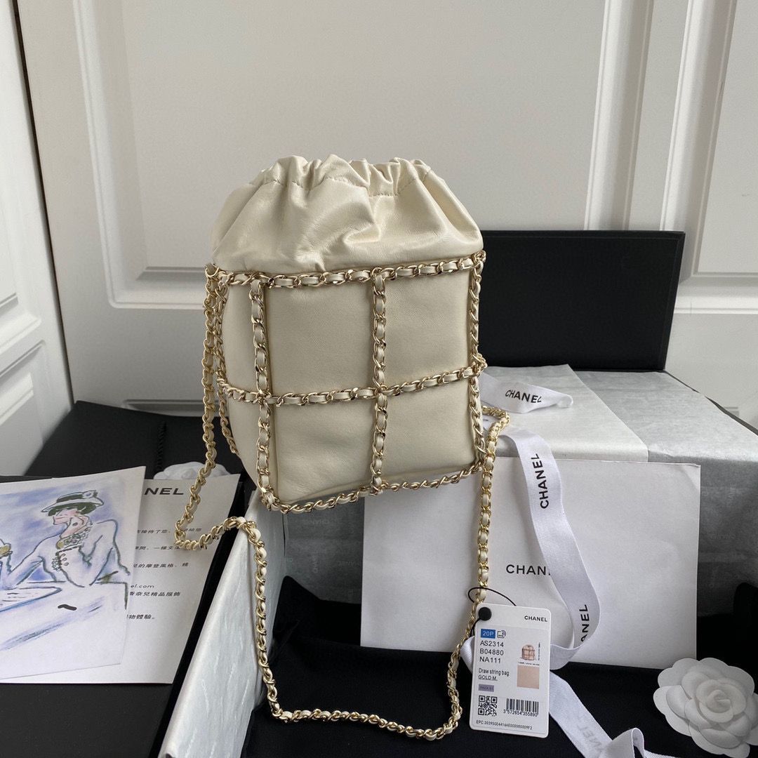 Chanel Drawstring Bag Lambskin & Gold Metal AS2314 AS2313 White