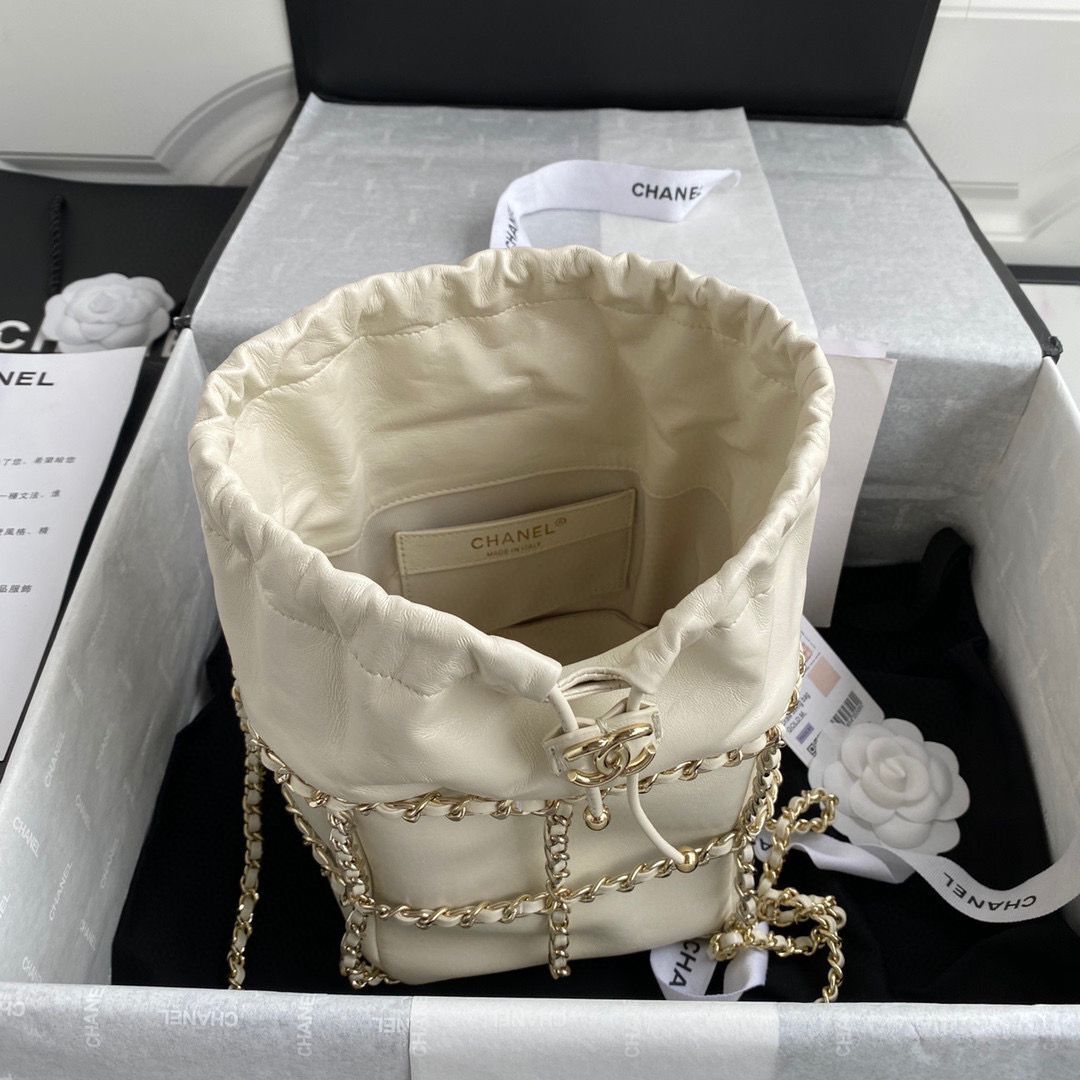 Chanel Drawstring Bag Lambskin & Gold Metal AS2314 AS2313 White