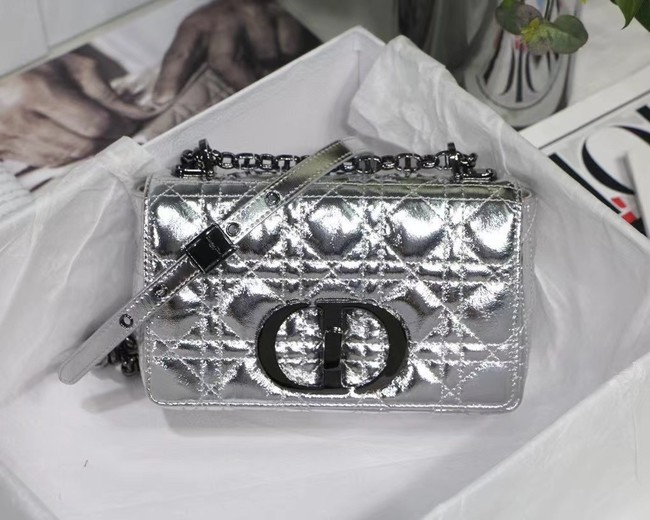 SMALL DIOR CARO BAG Silver-Tone Dior Spatial Crinkled Metallic Calfskin M9241B