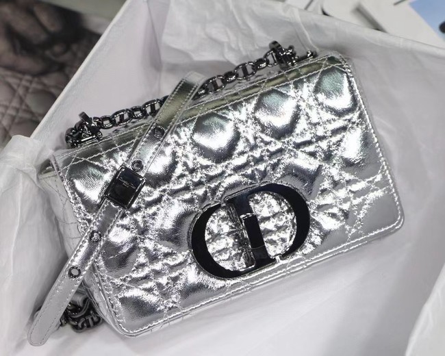 SMALL DIOR CARO BAG Silver-Tone Dior Spatial Crinkled Metallic Calfskin M9241B