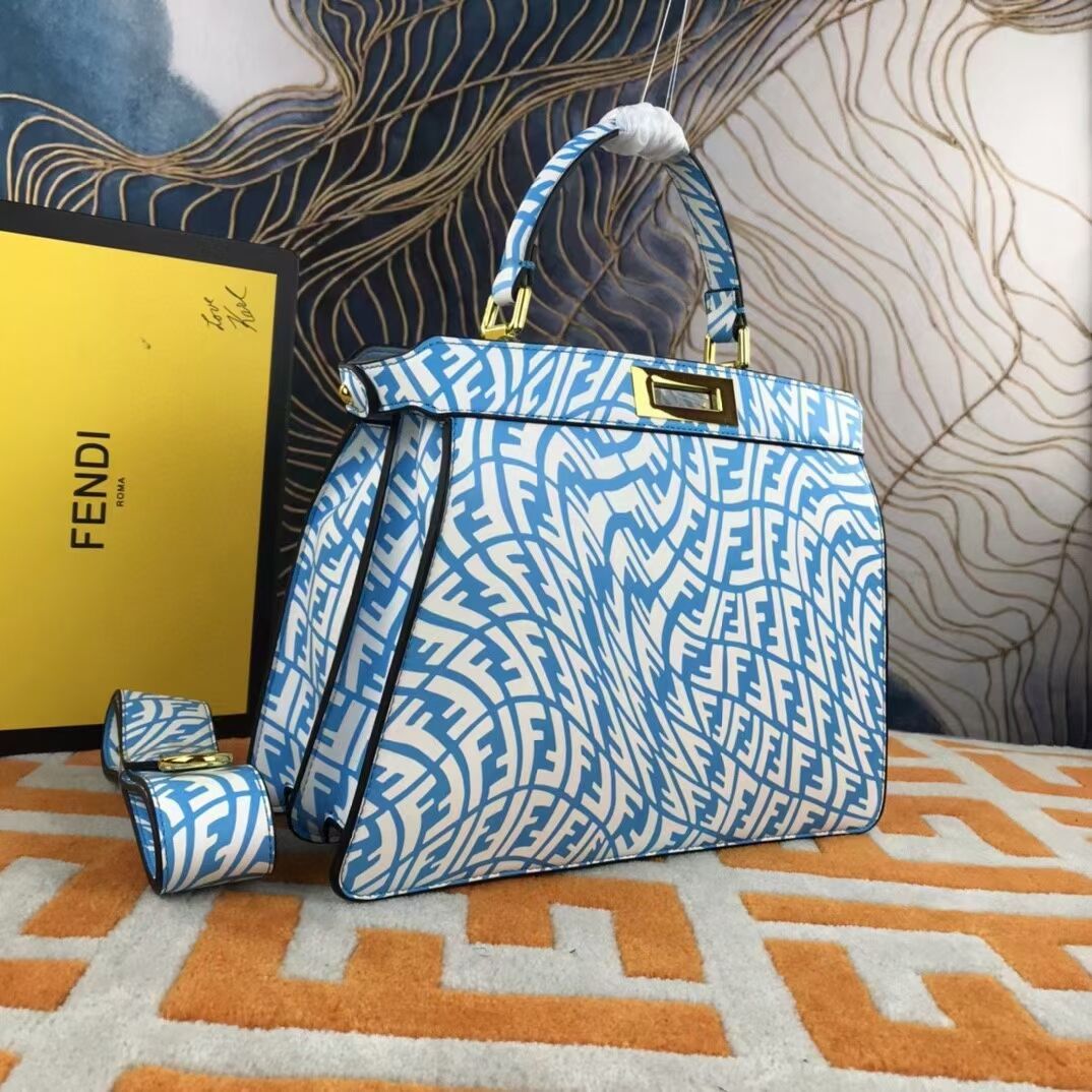 Fendi PEEKABOO ISEEU MEDIUM blue and white FF Vertigo leather bag 8BN321AGK