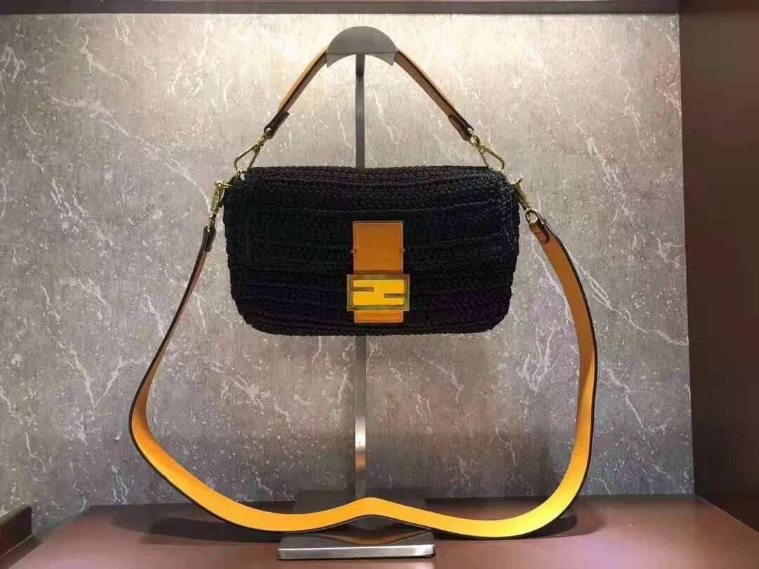 Fendi BAGUETTE Black cotton crochet bag 8BR600