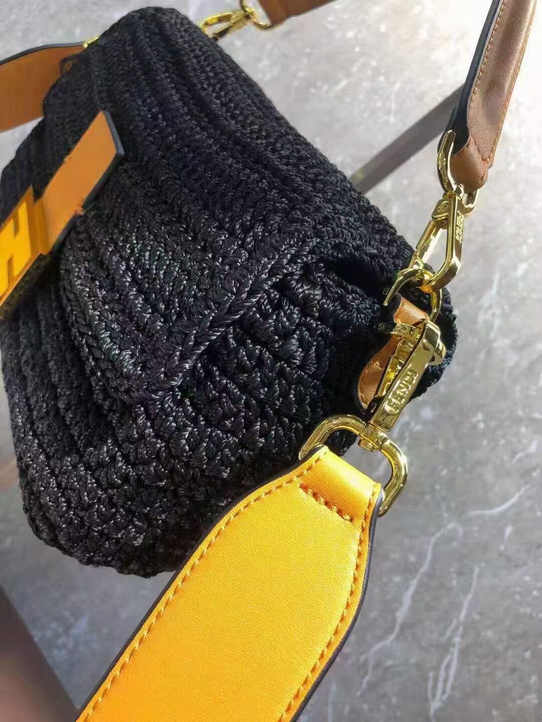 Fendi BAGUETTE Black cotton crochet bag 8BR600