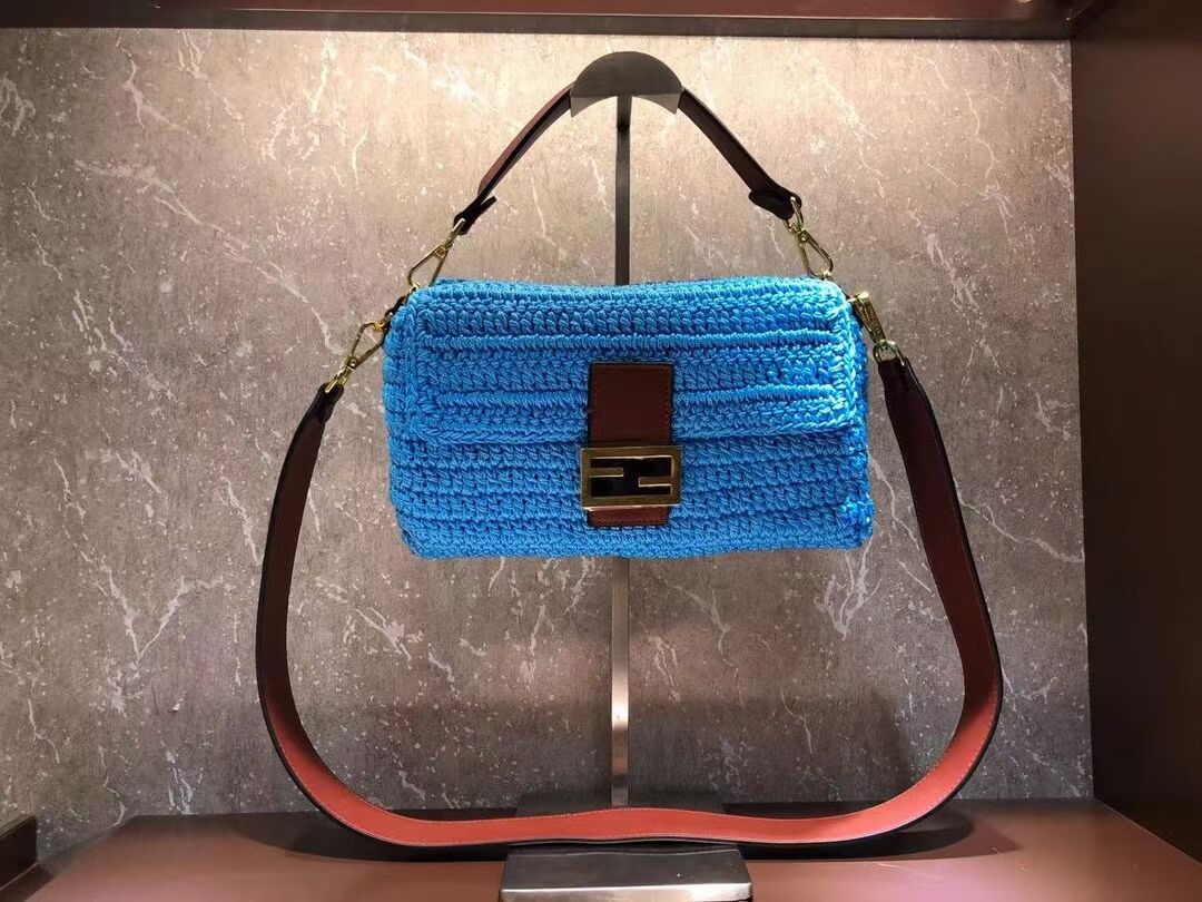 Fendi BAGUETTE Blue cotton crochet bag 8BR600