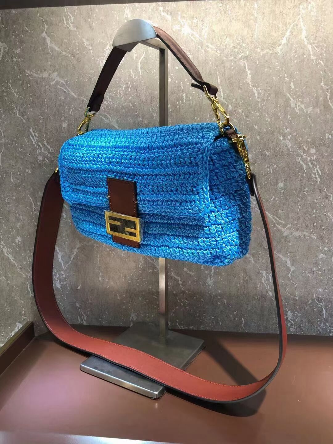 Fendi BAGUETTE Blue cotton crochet bag 8BR600