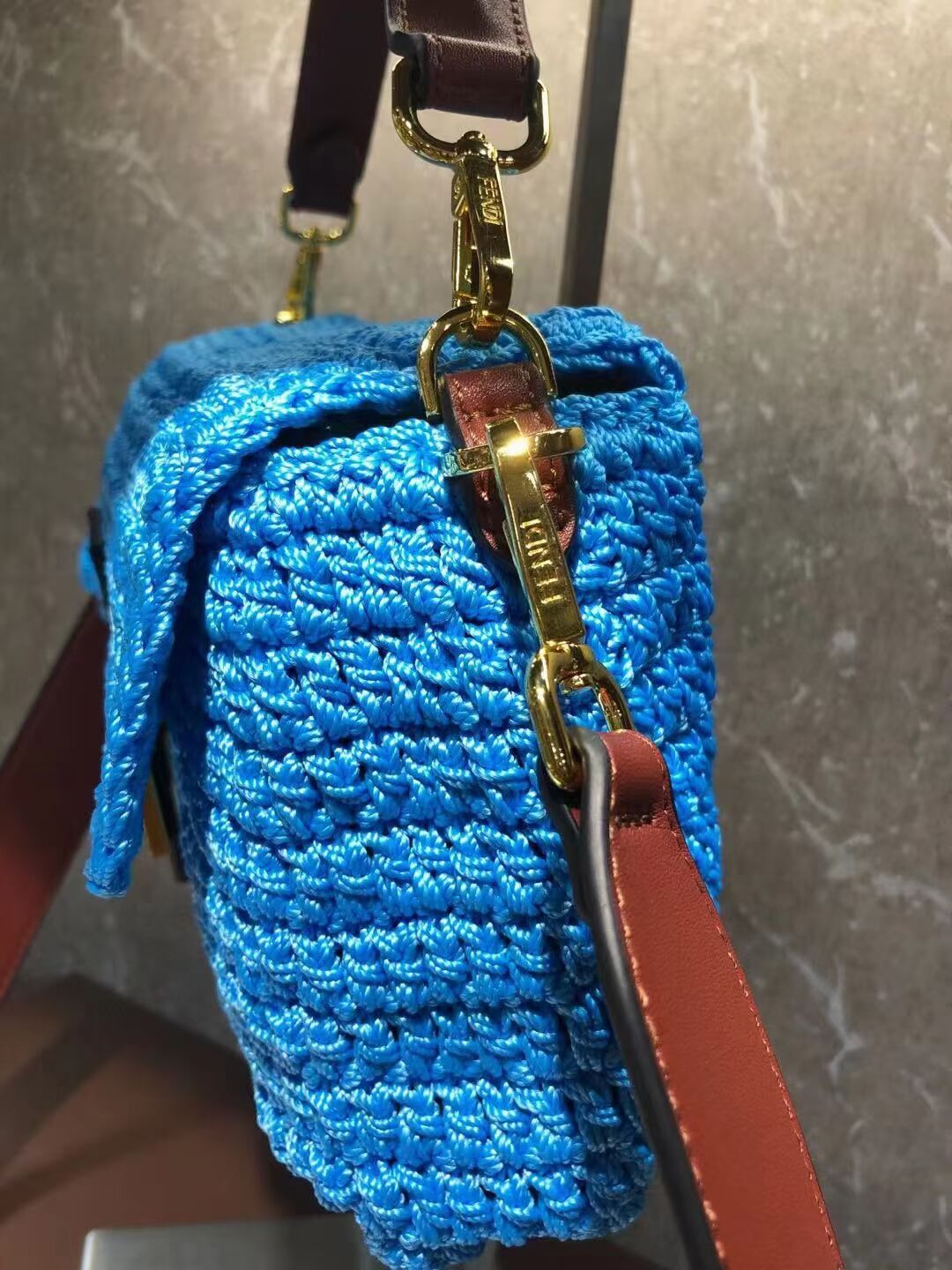 Fendi BAGUETTE Blue cotton crochet bag 8BR600