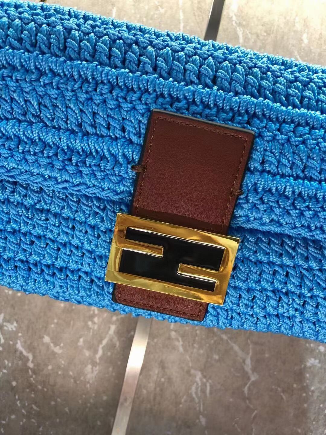 Fendi BAGUETTE Blue cotton crochet bag 8BR600