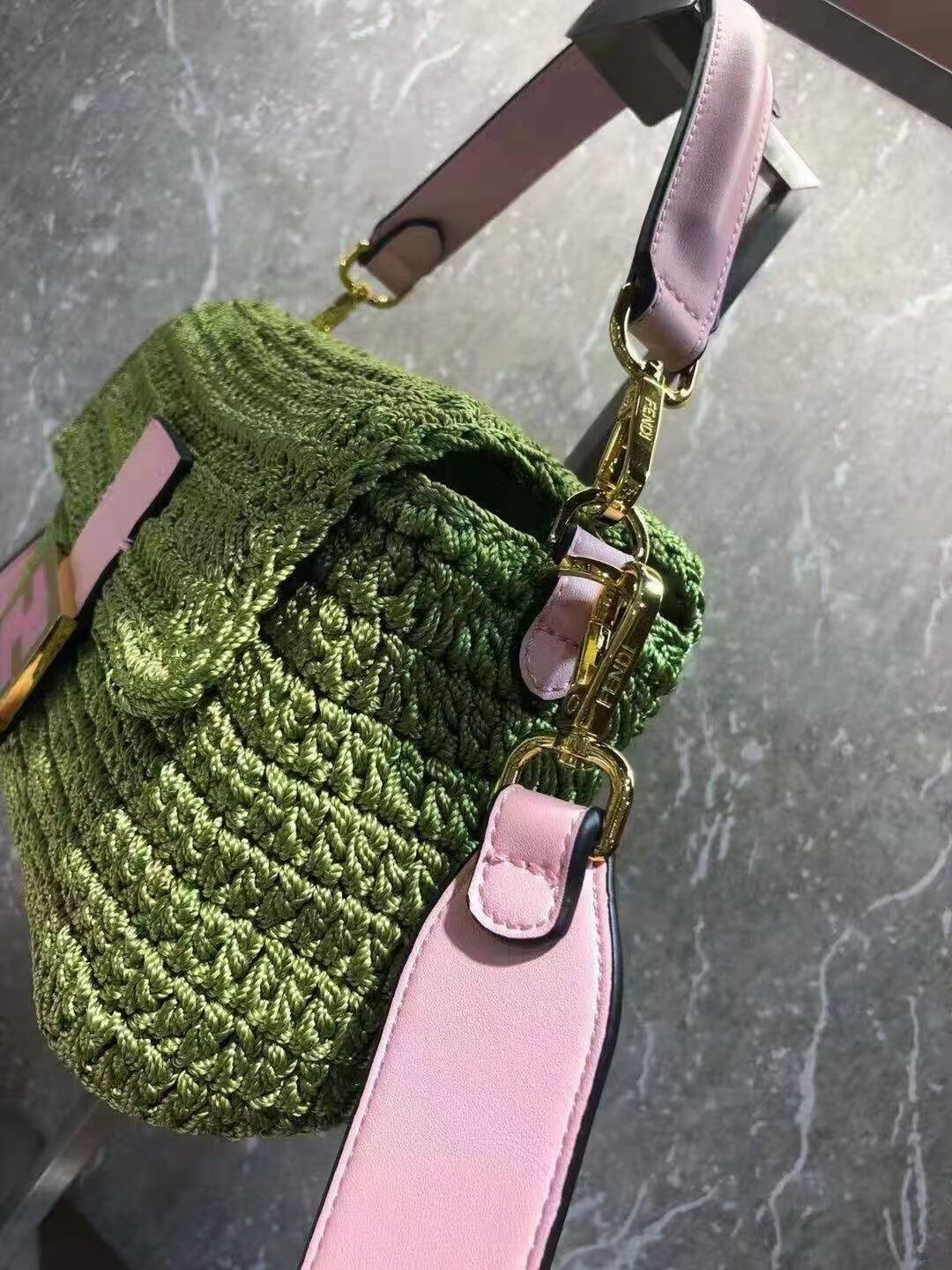 Fendi BAGUETTE green cotton crochet bag 8BR600