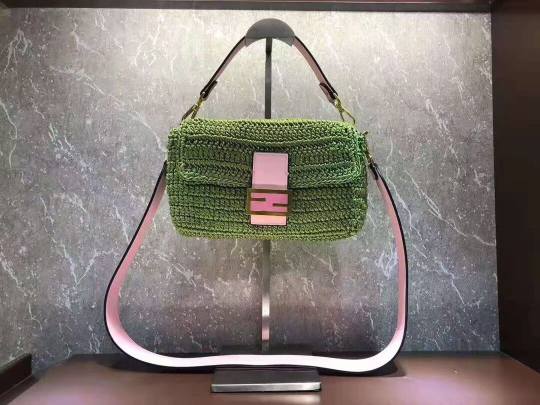 Fendi BAGUETTE green cotton crochet bag 8BR600