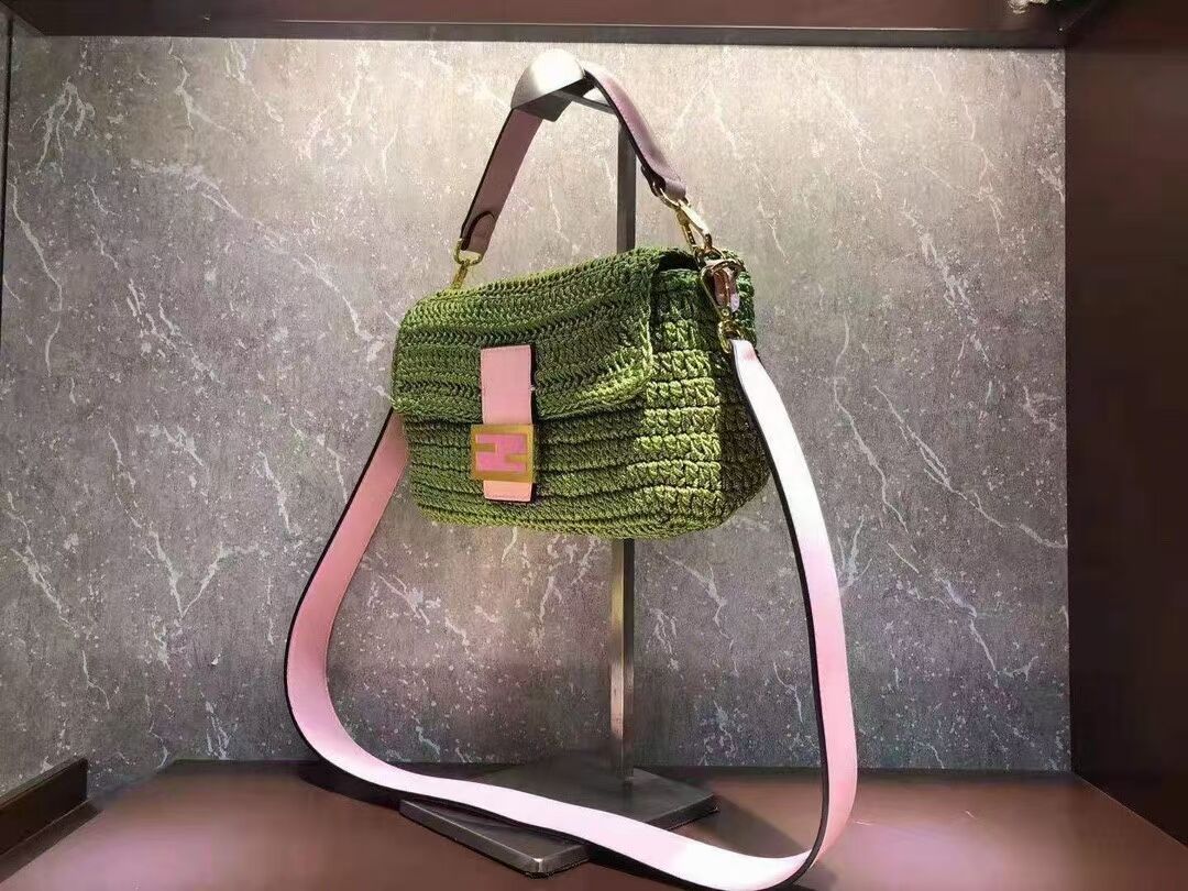 Fendi BAGUETTE green cotton crochet bag 8BR600