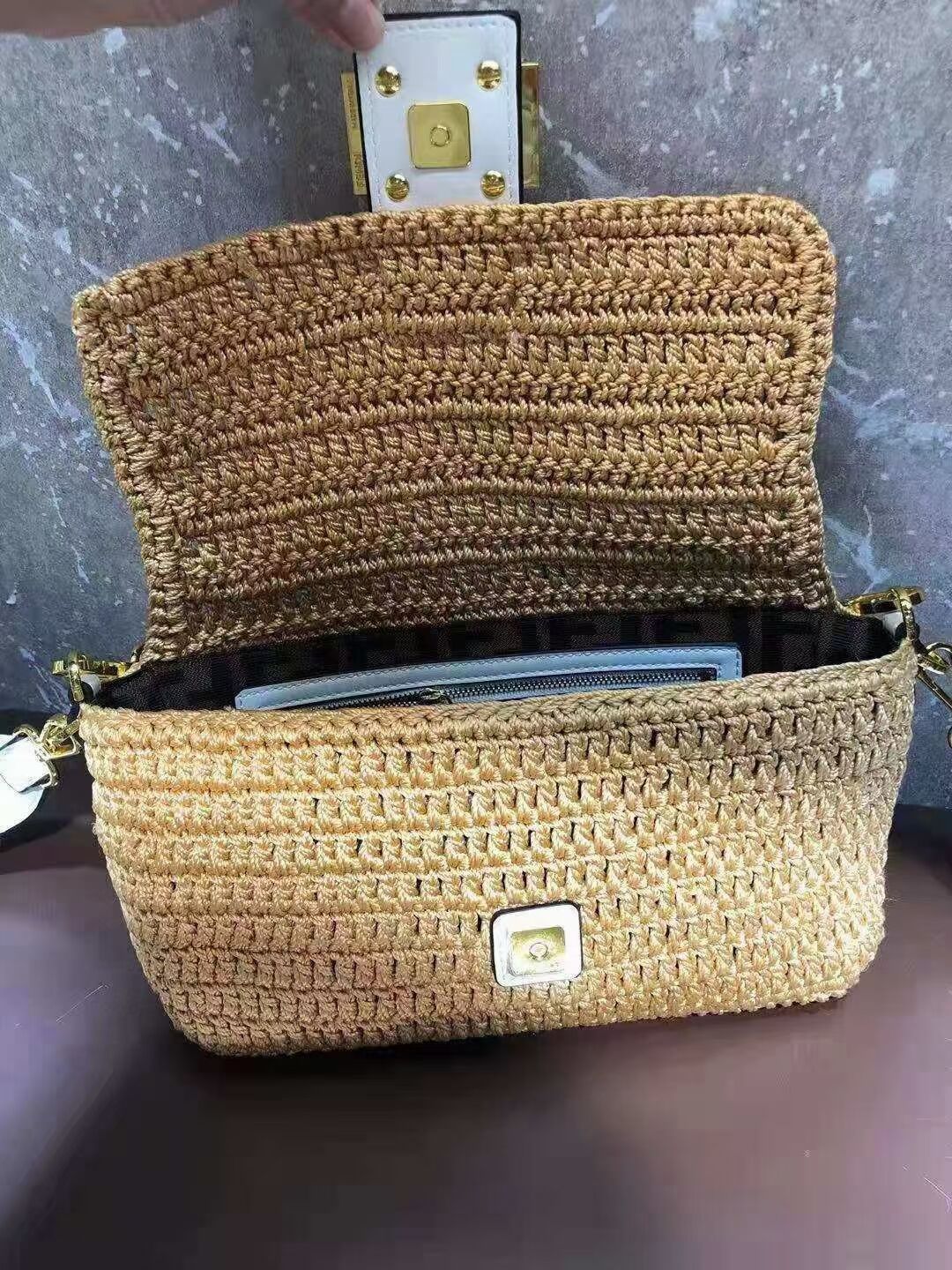 Fendi BAGUETTE yellow cotton crochet bag 8BR600