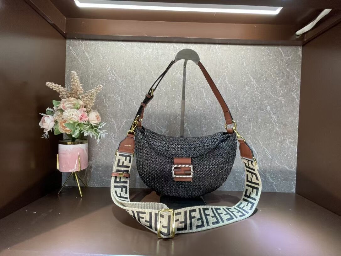 FENDI SMALL CROISSANT Woven straw bag 8BR790AFG black