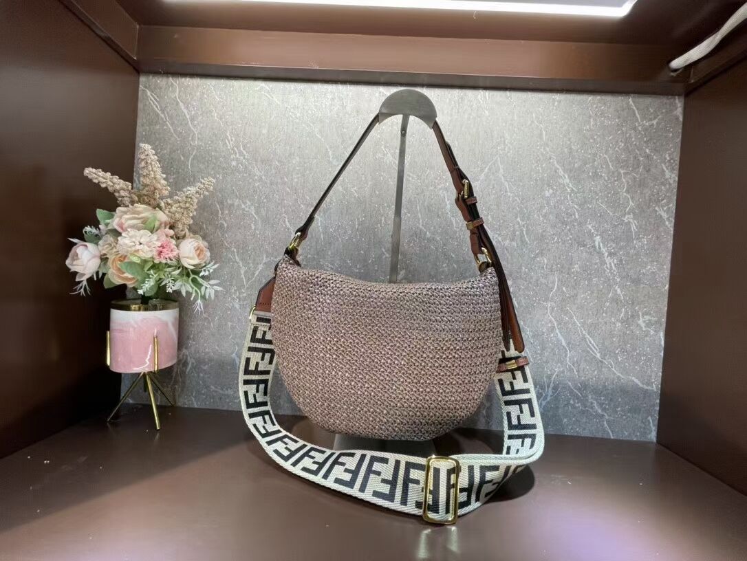FENDI SMALL CROISSANT Woven straw bag 8BR790AFG brown