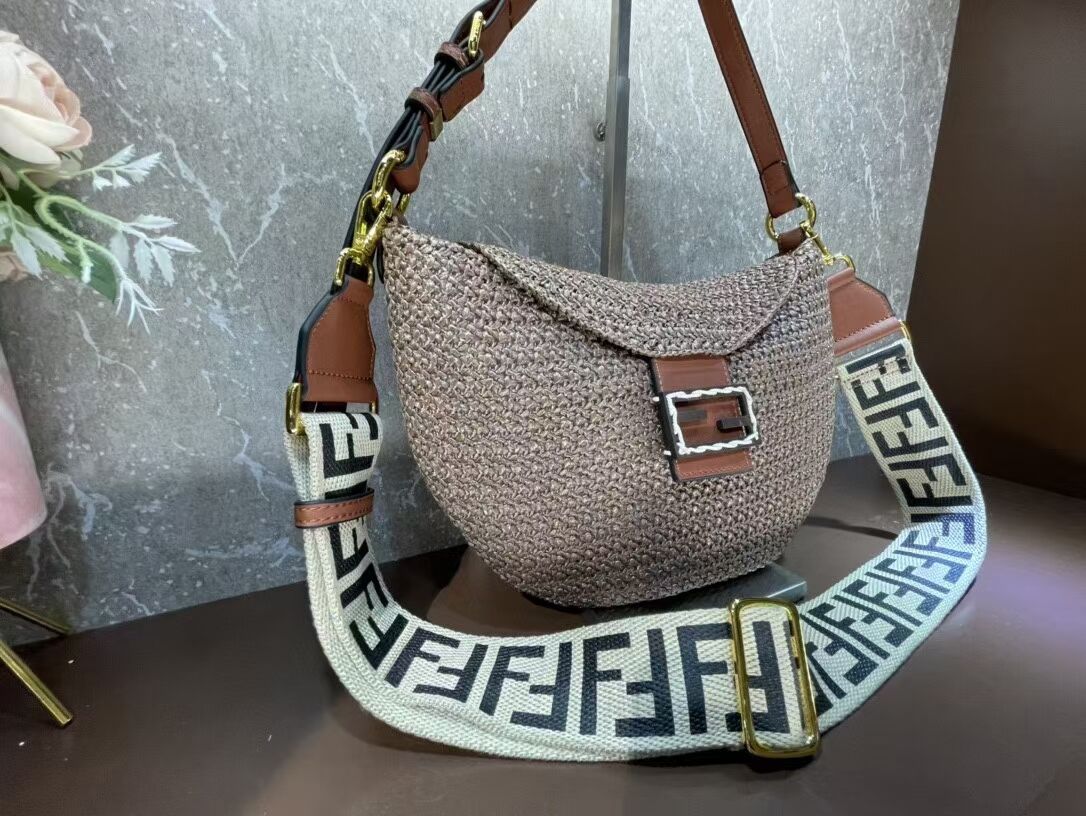 FENDI SMALL CROISSANT Woven straw bag 8BR790AFG brown