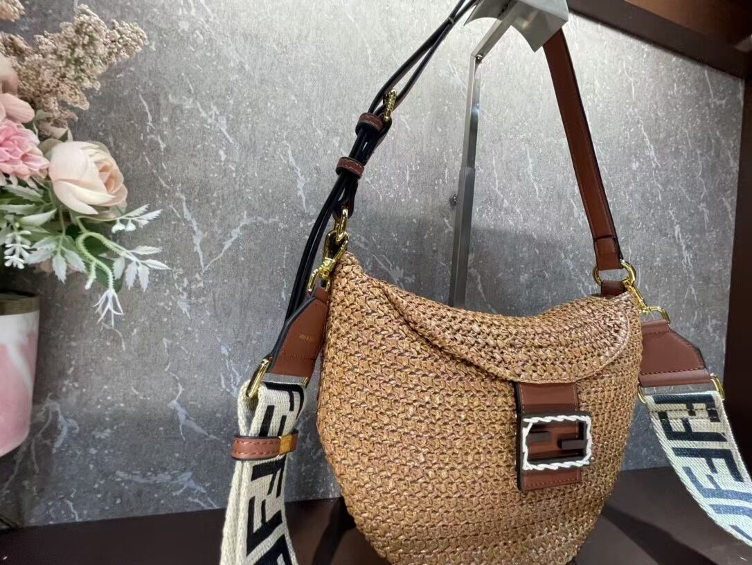 FENDI SMALL CROISSANT Woven straw bag 8BR790AFG natural