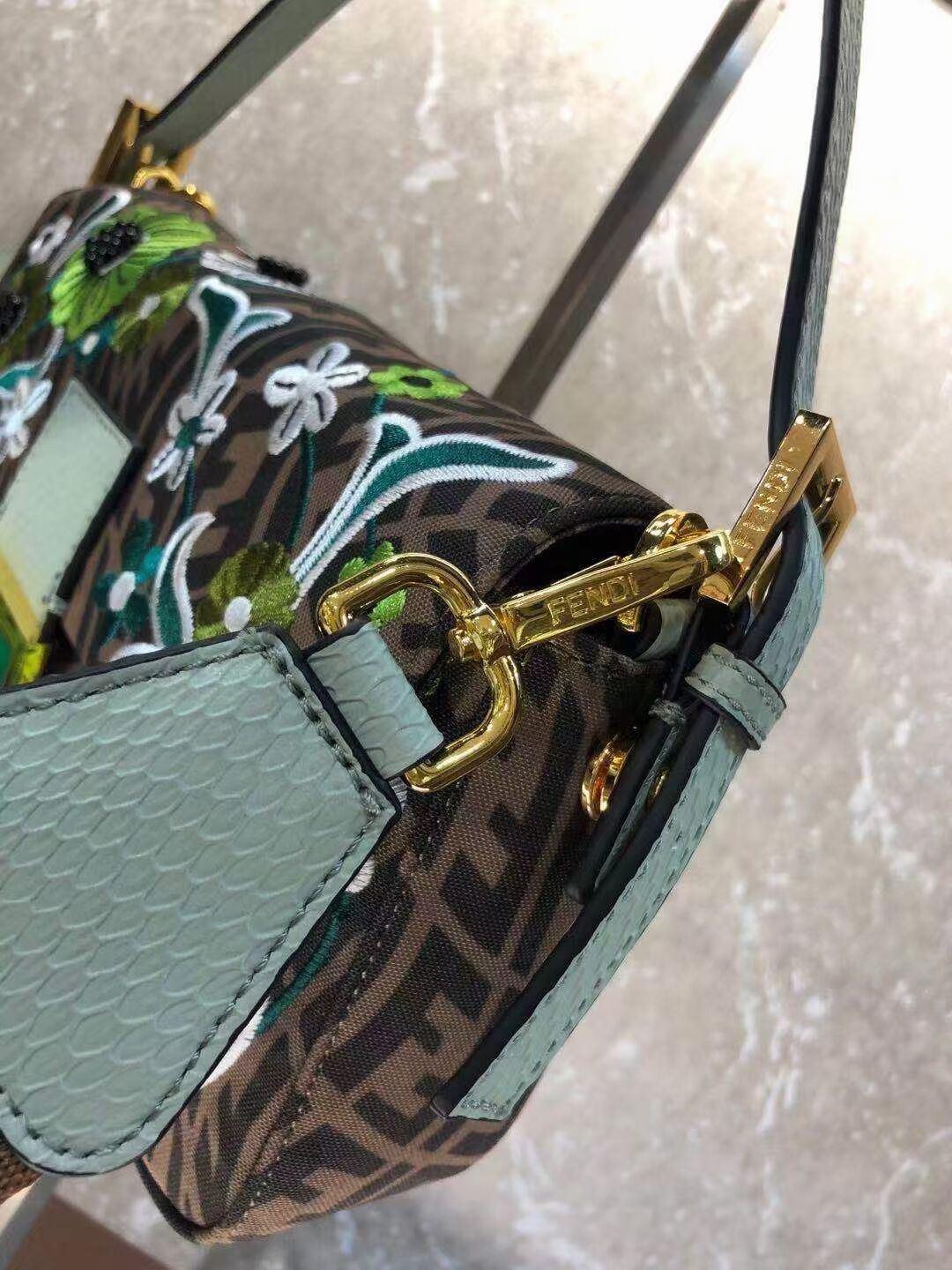 FENDI BAGUETTE 1997 FF Vertigo jacquard bag with embroidery 8BR792 green