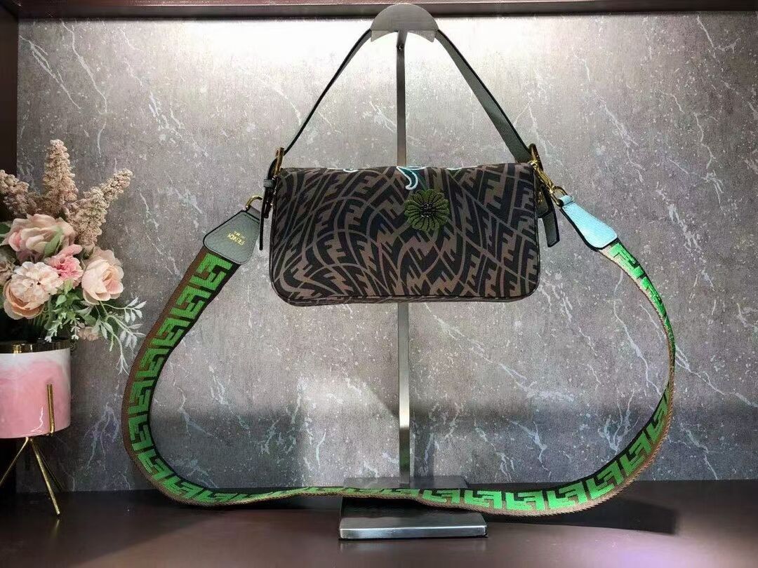 FENDI BAGUETTE 1997 FF Vertigo jacquard bag with embroidery 8BR792 green