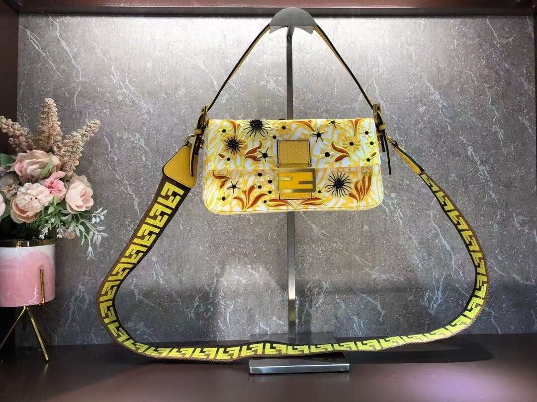 FENDI BAGUETTE 1997 FF Vertigo jacquard bag with embroidery 8BR792 yellow