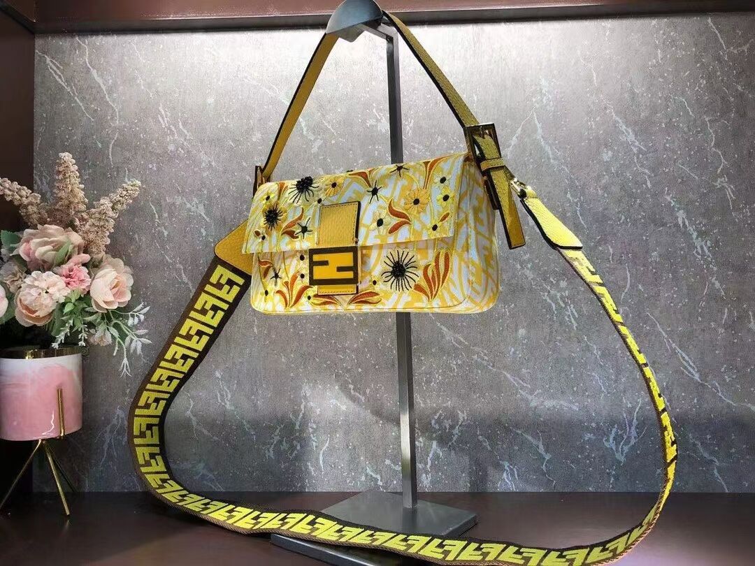 FENDI BAGUETTE 1997 FF Vertigo jacquard bag with embroidery 8BR792 yellow