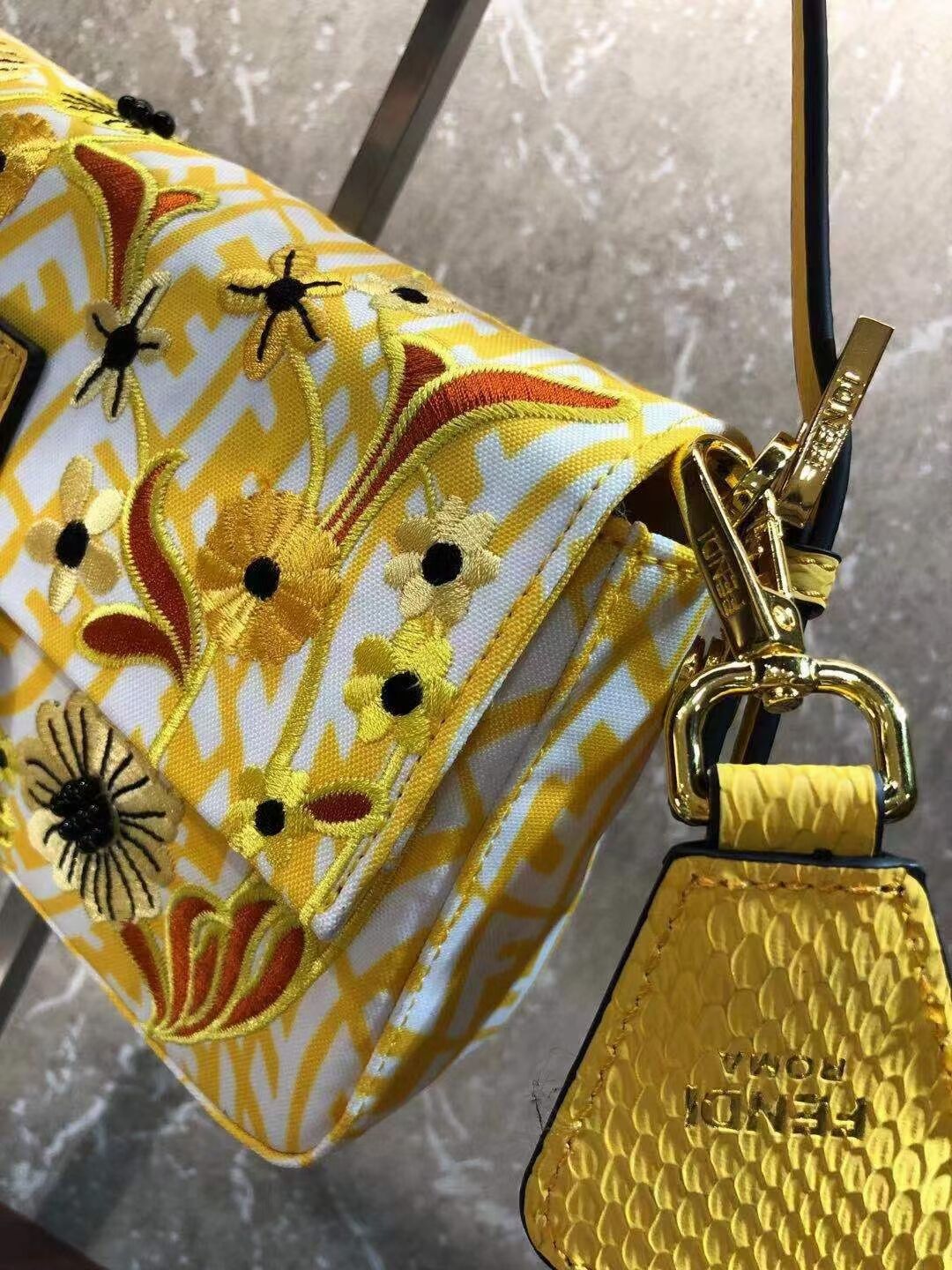 FENDI BAGUETTE 1997 FF Vertigo jacquard bag with embroidery 8BR792 yellow