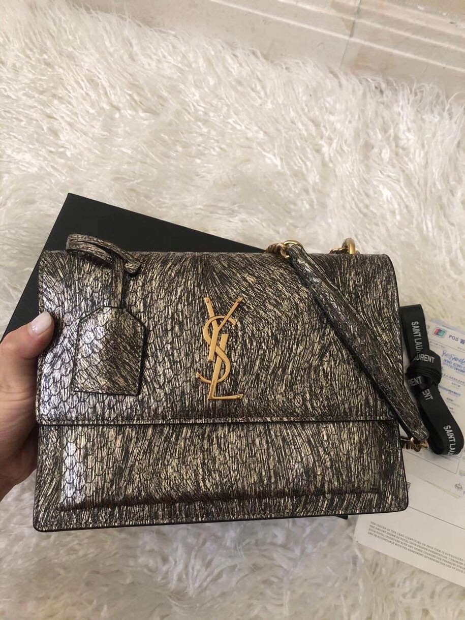 Yves Saint Laurent SUNSET SMALL CHAIN BAG IN SHINY SCALE-EMBOSSED LEATHER Y544296 grey