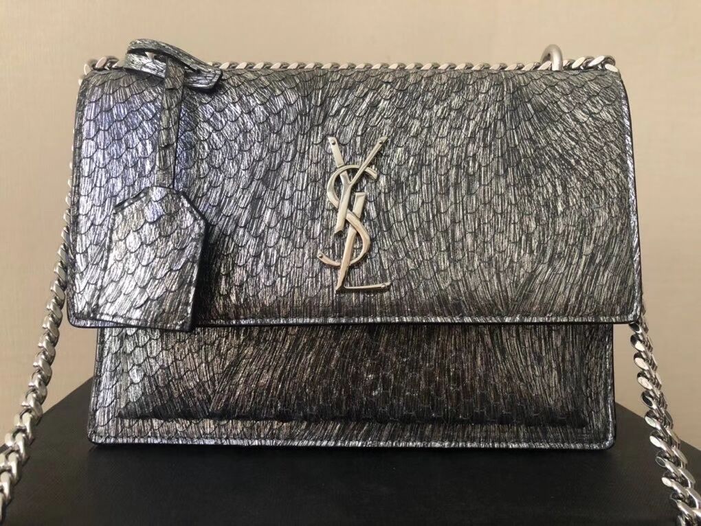 Yves Saint Laurent SUNSET SMALL CHAIN BAG IN SHINY SCALE-EMBOSSED LEATHER Y544296 silver