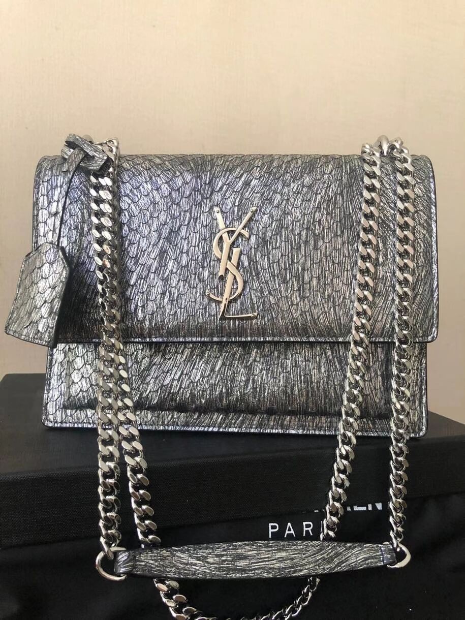 Yves Saint Laurent SUNSET SMALL CHAIN BAG IN SHINY SCALE-EMBOSSED LEATHER Y544296 silver