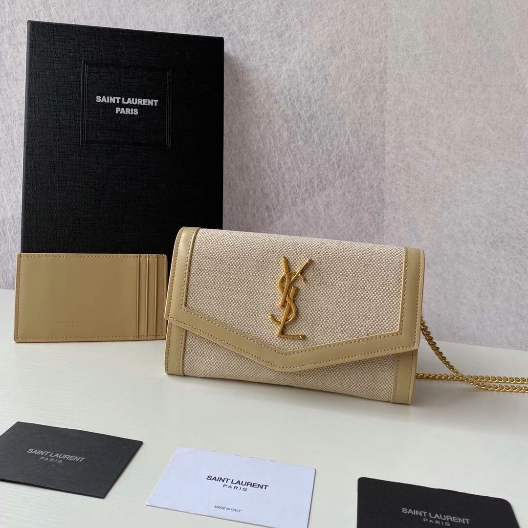 Yves Saint Laurent UPTOWN CHAIN WALLET IN MICRO RAFFIA Y622055 NATURAL BEIGE