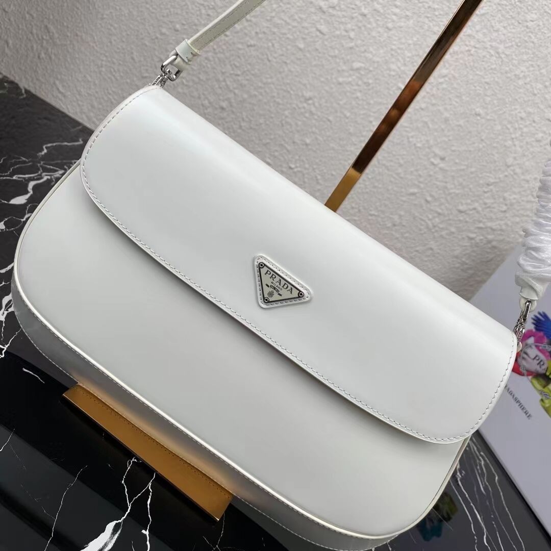 Prada Cleo brushed leather shoulder bag with flap 1BH276 white