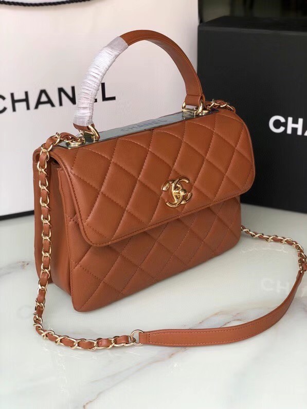 Chanel original lambskin top handle flap bag AS92236 brown&Gold-Tone Metal