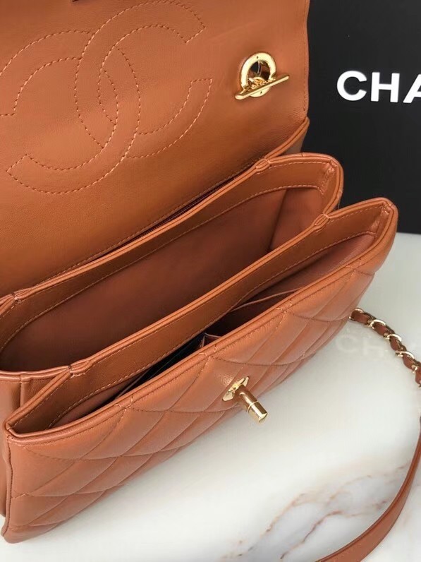 Chanel original lambskin top handle flap bag AS92236 brown&Gold-Tone Metal