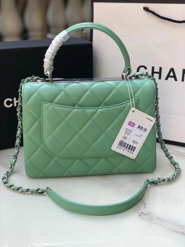 Chanel original lambskin top handle flap bag AS92236 light green&silver-Tone Metal