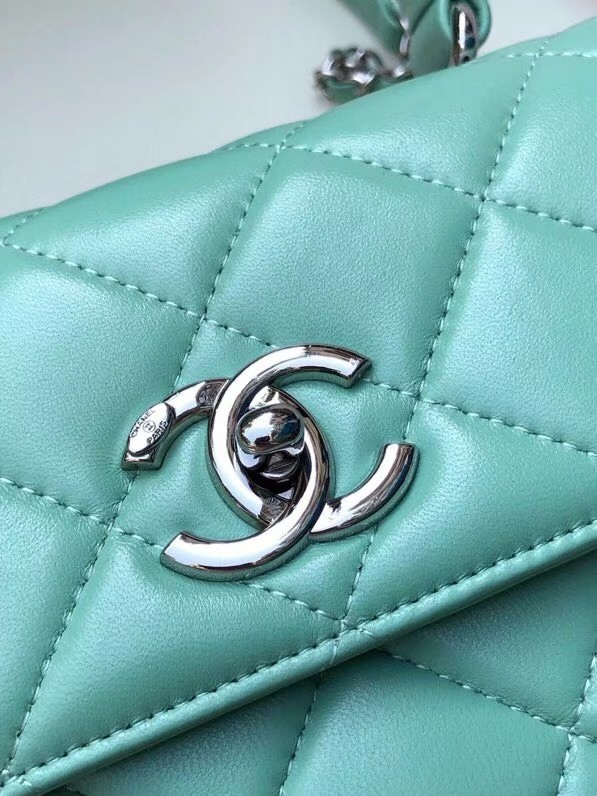 Chanel original lambskin top handle flap bag AS92236 light green&silver-Tone Metal