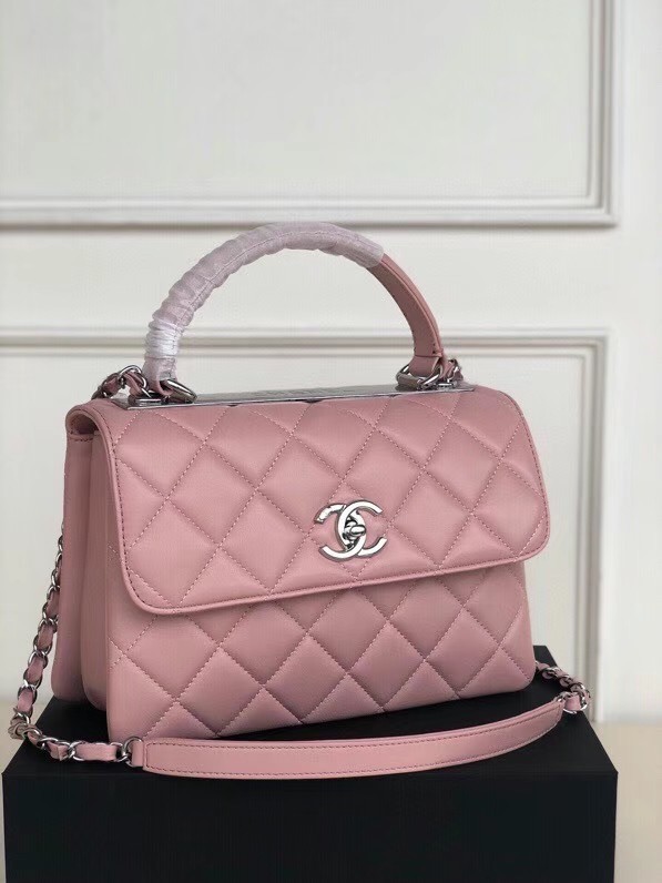 Chanel original lambskin top handle flap bag AS92236 pink&silver-Tone Metal