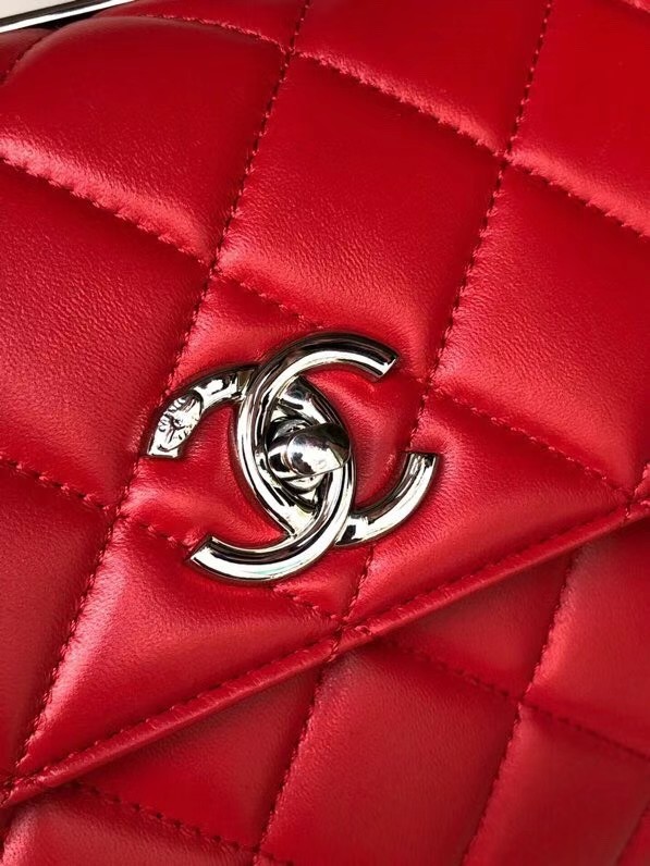 Chanel original lambskin top handle flap bag AS92236 red&silver-Tone Metal