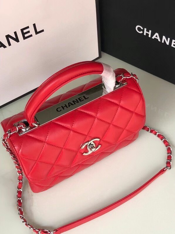 Chanel original lambskin top handle flap bag AS92236 red&silver-Tone Metal