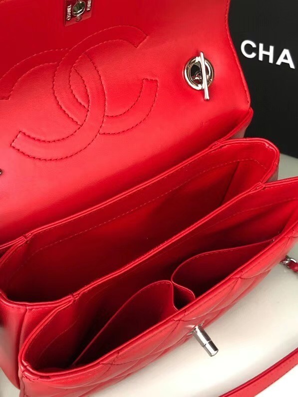 Chanel original lambskin top handle flap bag AS92236 red&silver-Tone Metal