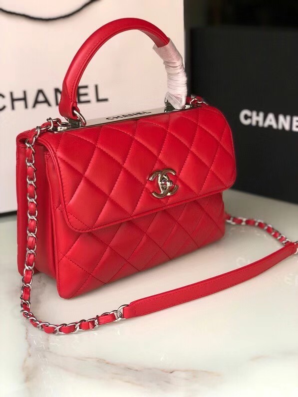 Chanel original lambskin top handle flap bag AS92236 red&silver-Tone Metal