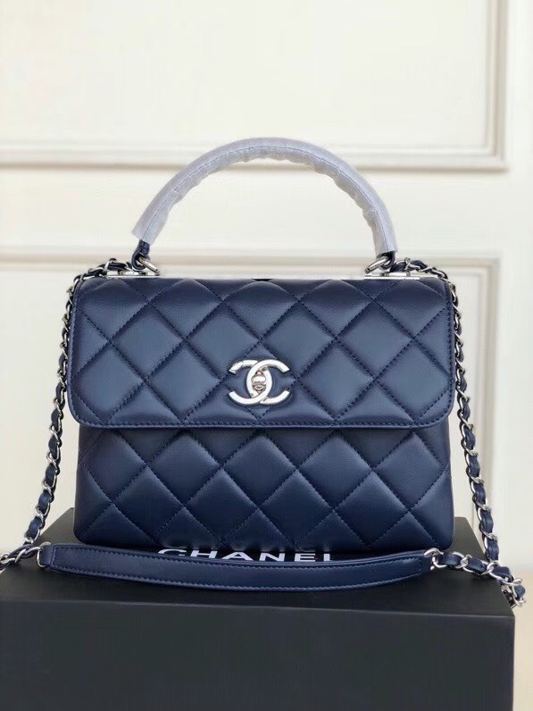 Chanel original lambskin top handle flap bag AS92236 royal blue&silver-Tone Metal