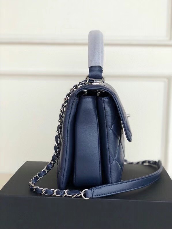 Chanel original lambskin top handle flap bag AS92236 royal blue&silver-Tone Metal