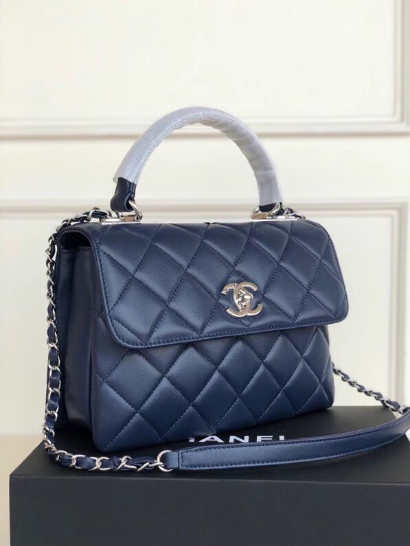 Chanel original lambskin top handle flap bag AS92236 royal blue&silver-Tone Metal