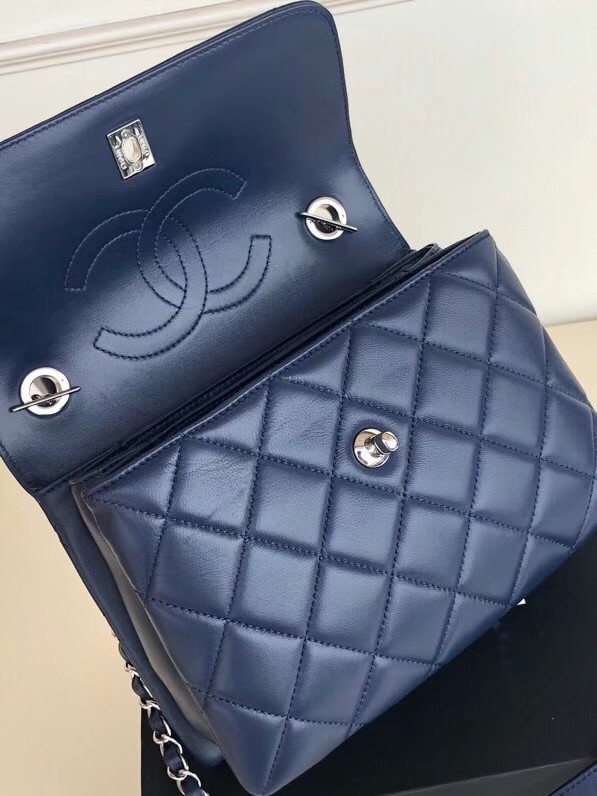 Chanel original lambskin top handle flap bag AS92236 royal blue&silver-Tone Metal