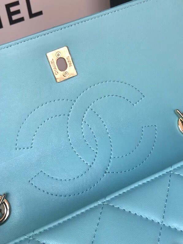 Chanel original lambskin top handle flap bag AS92236 sky blue&Gold-Tone Metal