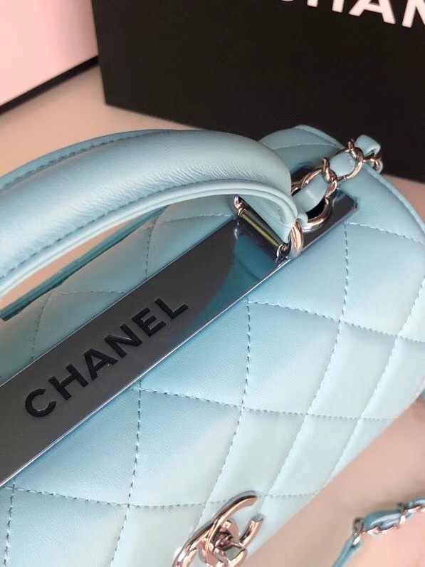 Chanel original lambskin top handle flap bag AS92236 sky blue&silver-Tone Metal