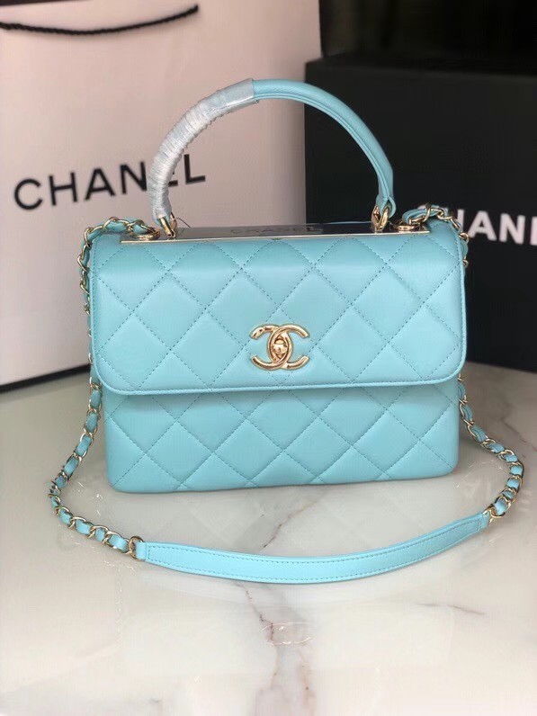 Chanel original lambskin top handle flap bag AS92236 sky blue&Gold-Tone Metal