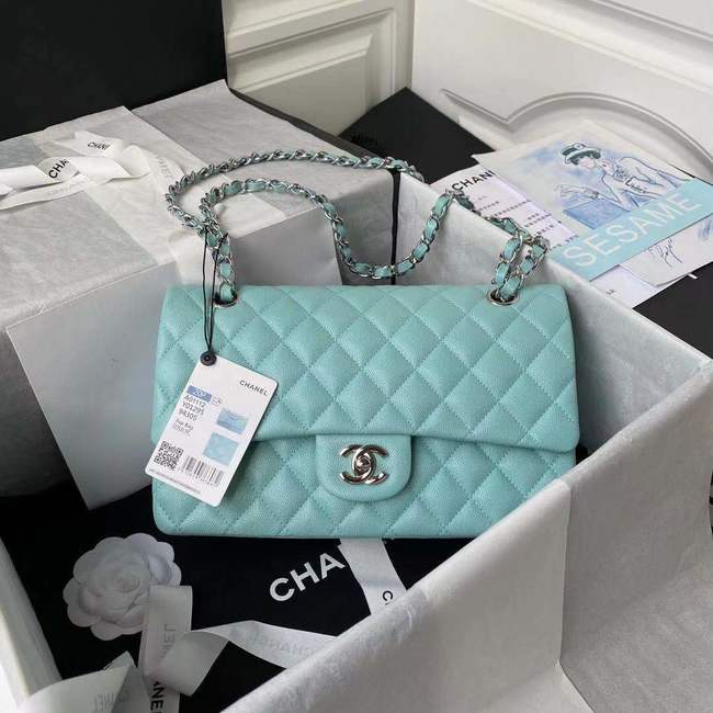 chanel flap bag Grained Calfskin & silver Metal A01112 light blue