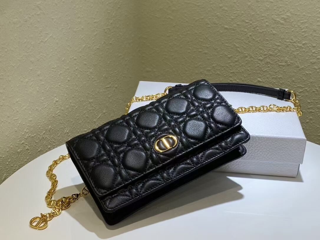 DIOR CARO BELT POUCH WITH CHAIN Supple Cannage Calfskin S5091UW BLACK