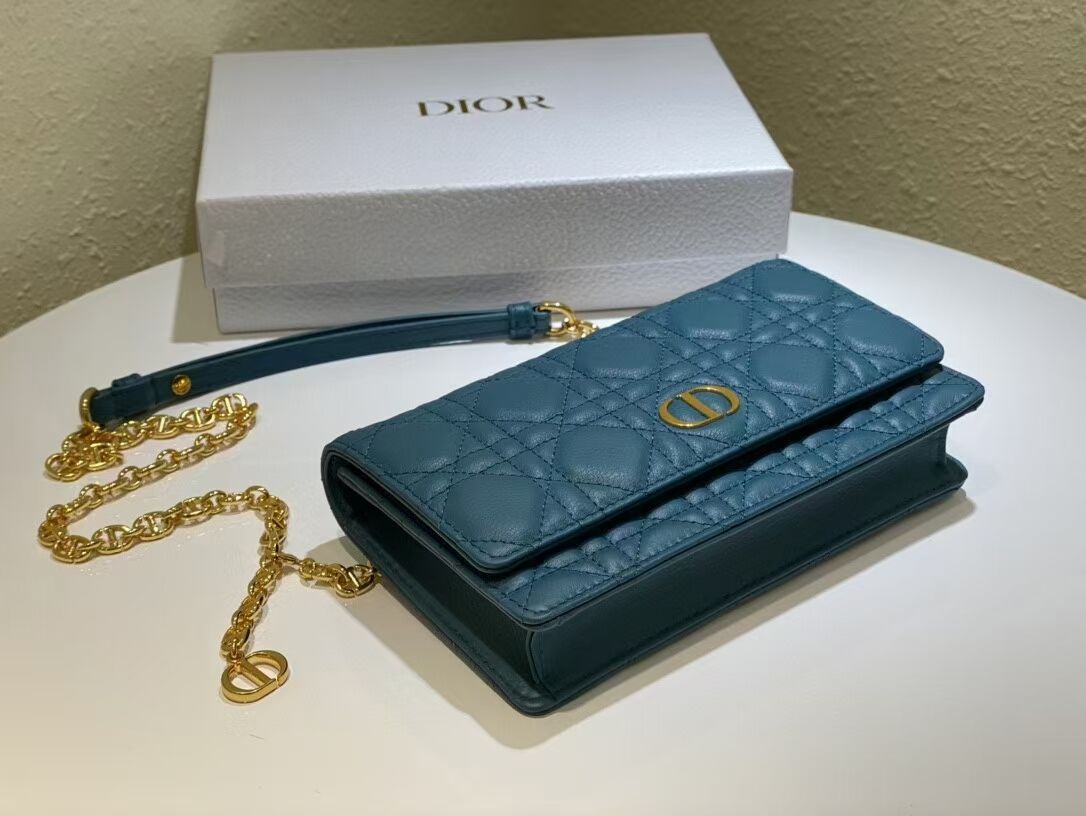 DIOR CARO BELT POUCH WITH CHAIN Supple Cannage Calfskin S5091UW BLUE